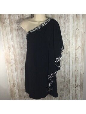 DJ-Jaz  Black Sequin One Shoulder Gorgeous Tunic or Mini Dress Size 10 L Lined